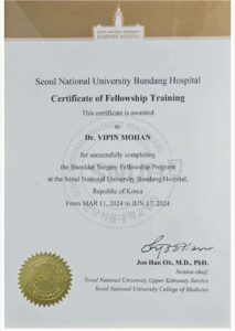 Seoul National University Bundang Hospital the certificate of fellowship training dr vipin mohan