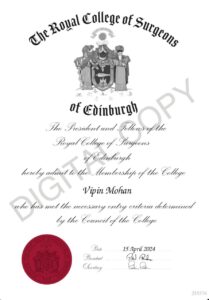 the royal college of surgeons certificate of dr vipin mohan